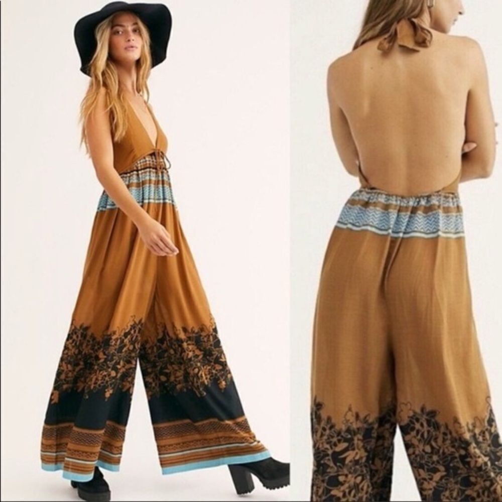 Free People Women's Palm Beach Printed Wide leg Halter Jumpsuit Size Medium